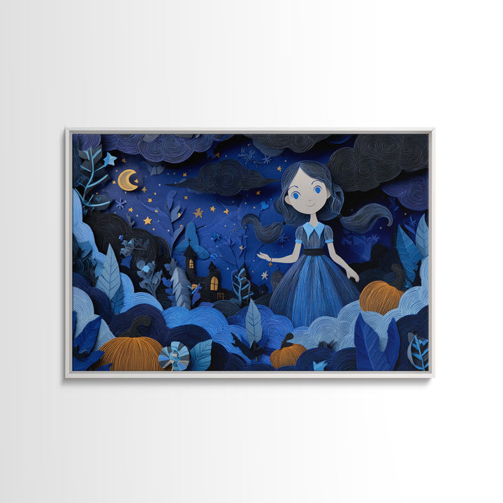 The Seamstress Of Living Nebulae, Linocut Halloween Art, Landscape Wall Art, Framed Canvas Print, Cute Halloween Wall Art