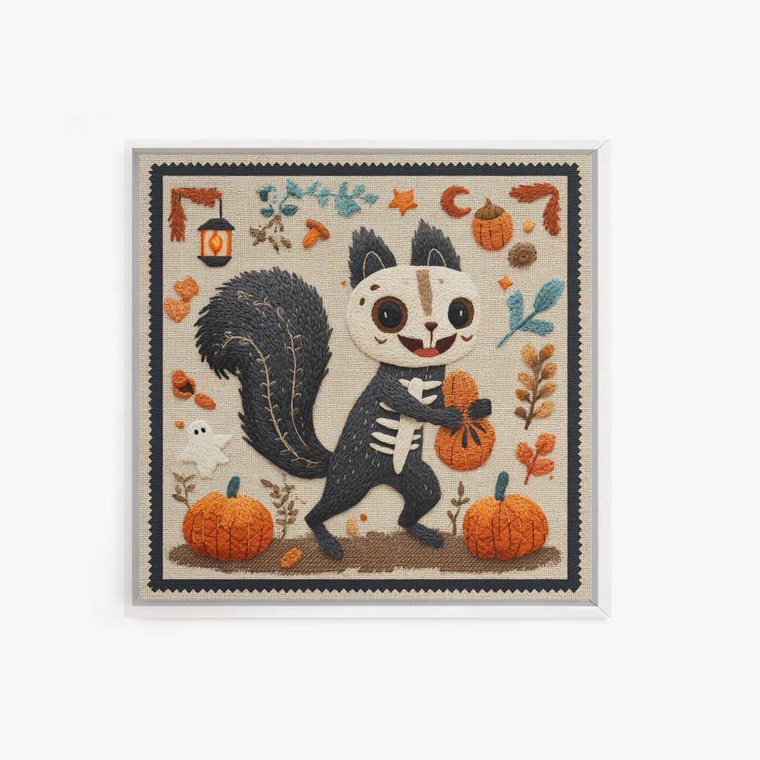 The Squirrel Skeleton, Embroidered Halloween Art, Square Wall Art, Canvas Print, Cute Halloween Wall Art
