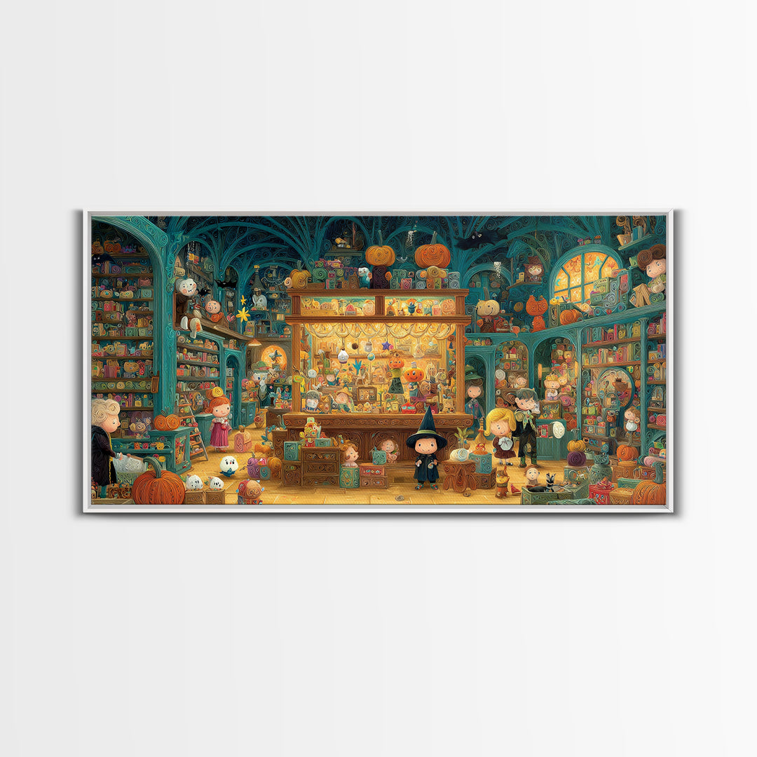 The Moonlight Toy Shop, Quilled Halloween Art, Wide Panoramic Art, Framed Canvas Print, Cute Halloween Wall Art