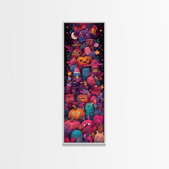 The Monster Hide-And-Seek Game, Vaporwave Halloween Art, Tall Narrow Wall Art, Framed Canvas Print, Cute Halloween Wall Art