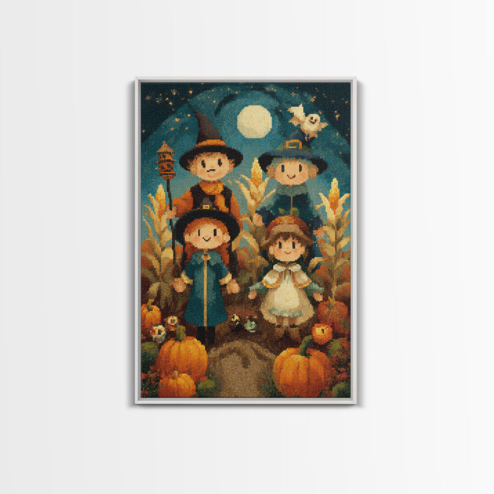The Starry Cornfield Maze, Pixel Halloween Art, Vertical Wall Art, Canvas Print, Cute Halloween Wall Art