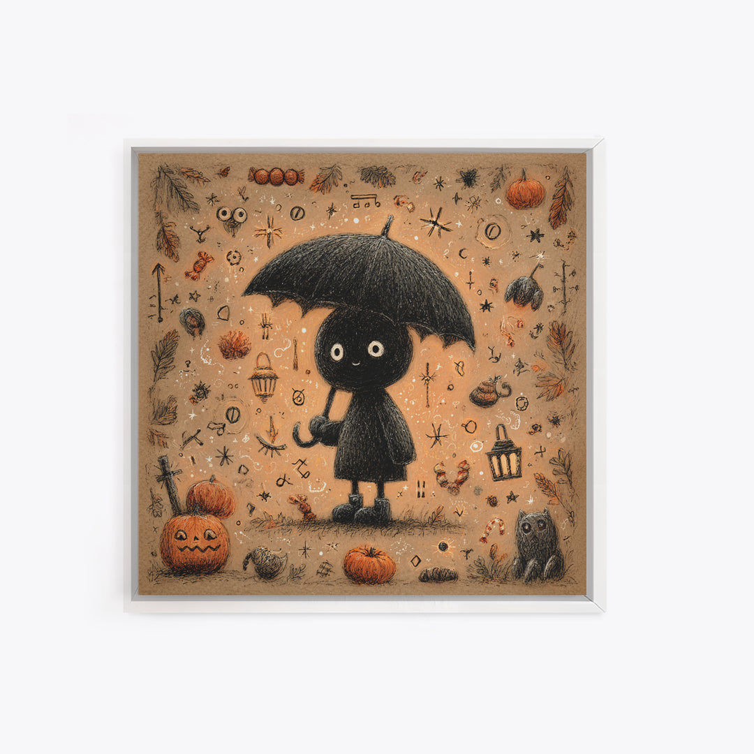 The Umbrella Of The Outer Rain, Hand Sketch Halloween Art, Square Wall Art, Canvas Print, Cute Halloween Wall Art