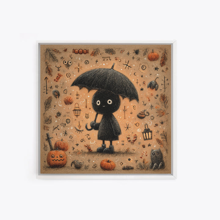 The Umbrella Of The Outer Rain, Hand Sketch Halloween Art, Square Wall Art, Canvas Print, Cute Halloween Wall Art