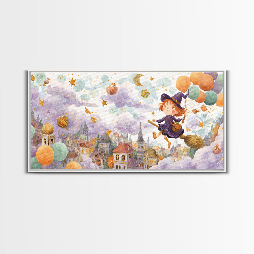 The Witch With A Balloon Broom, Watercolor Halloween Art, Wide Panoramic Art, Framed Canvas Print, Cute Halloween Wall Art