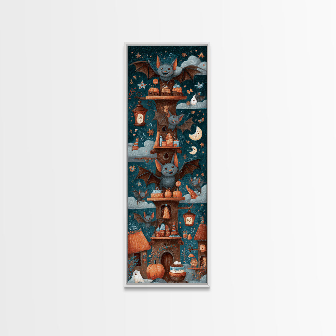 The Brownie Bat Bakery, Crayon Halloween Art, Tall Narrow Wall Art, Framed Canvas Print, Cute Halloween Wall Art