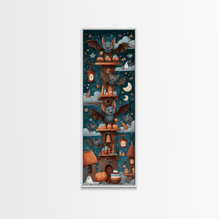 The Brownie Bat Bakery, Crayon Halloween Art, Tall Narrow Wall Art, Framed Canvas Print, Cute Halloween Wall Art