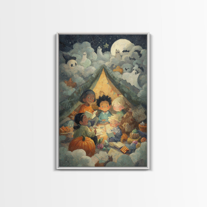 The Halloween Sleepover, Pastel Halloween Art, Vertical Wall Art, Canvas Print, Cute Halloween Wall Art