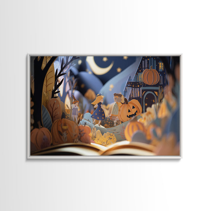 The Enchanted Halloween Library, Paper Collage Halloween, Landscape Wall Art, Framed Canvas Print, Cute Halloween Wall Art
