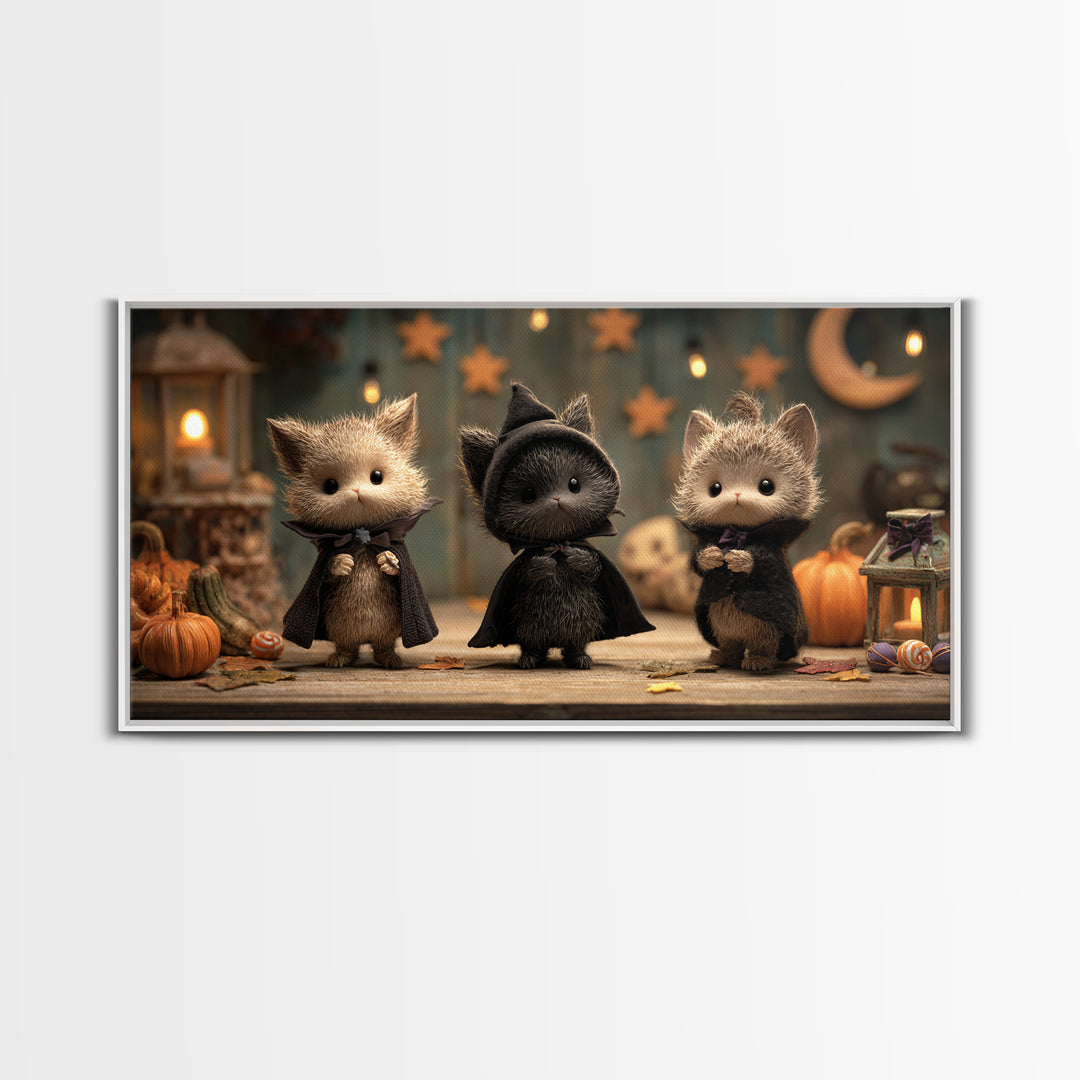 The Kitten Vampire, Clay Halloween Art, Wide Panoramic Art, Framed Canvas Print, Cute Halloween Wall Art
