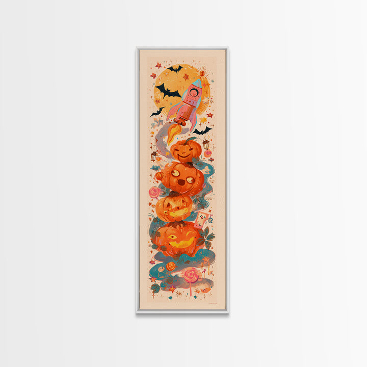 The Pumpkin Rocket Ship, Kawaii Halloween Art, Tall Narrow Wall Art, Framed Canvas Print, Cute Halloween Wall Art, Storybook Decor