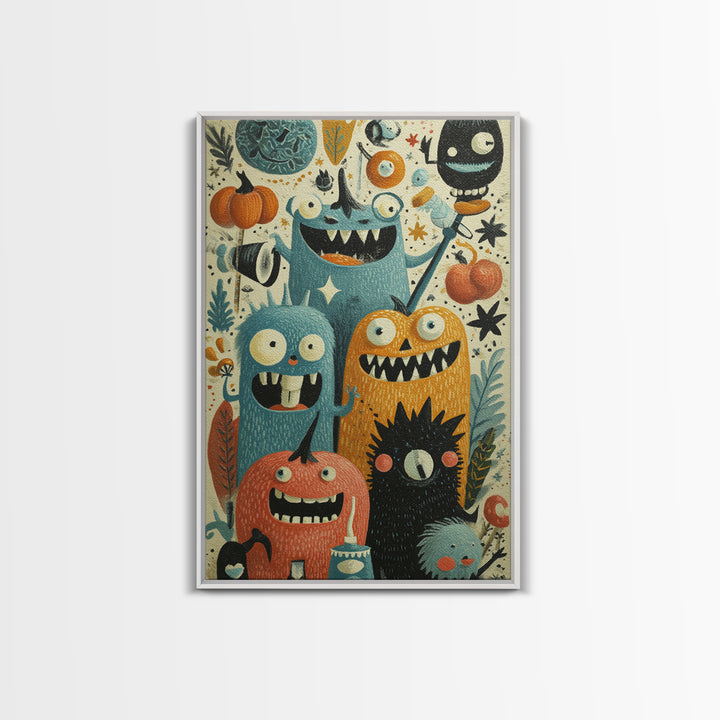 The Monster Toothbrush Club, Retro Halloween Art, Vertical Wall Art, Canvas Print, Cute Halloween Wall Art