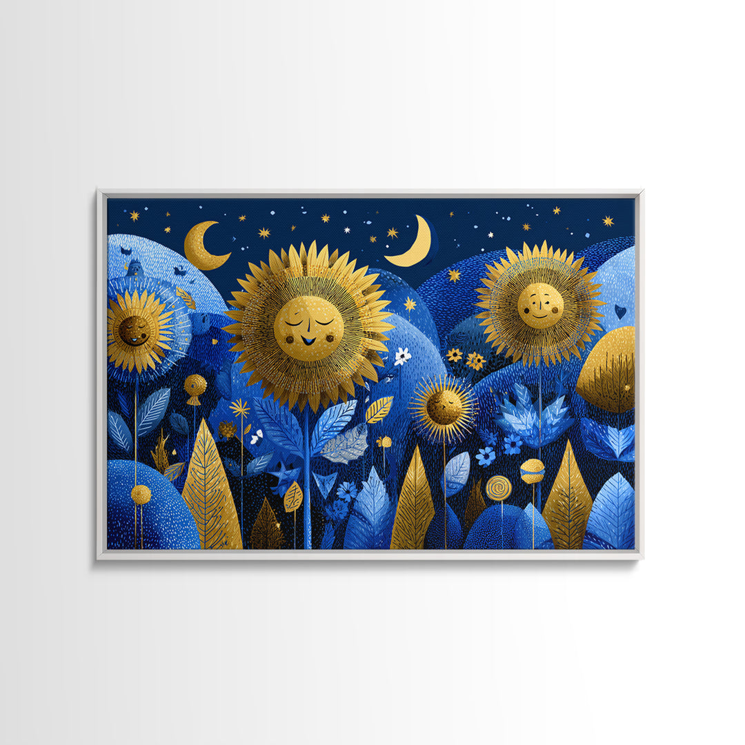 The Singing Sunflowers At Midnight, Screenprint Halloween Art, Landscape Wall Art, Framed Canvas Print, Cute Halloween Wall Art