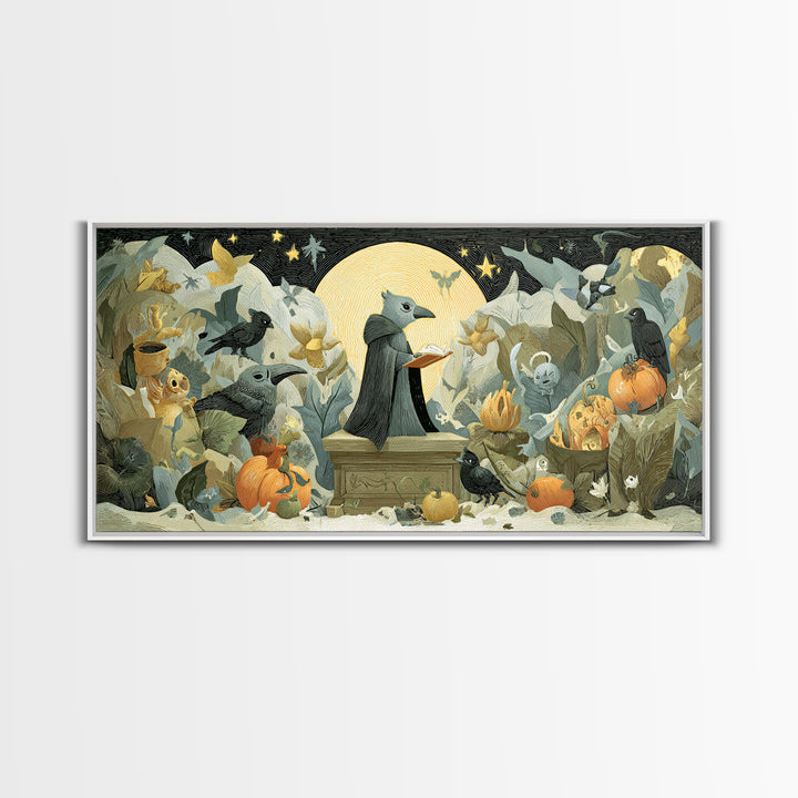 The Raven Sermon Of Leng, Linocut Halloween Art, Wide Panoramic Art, Framed Canvas Print, Cute Halloween Wall Art