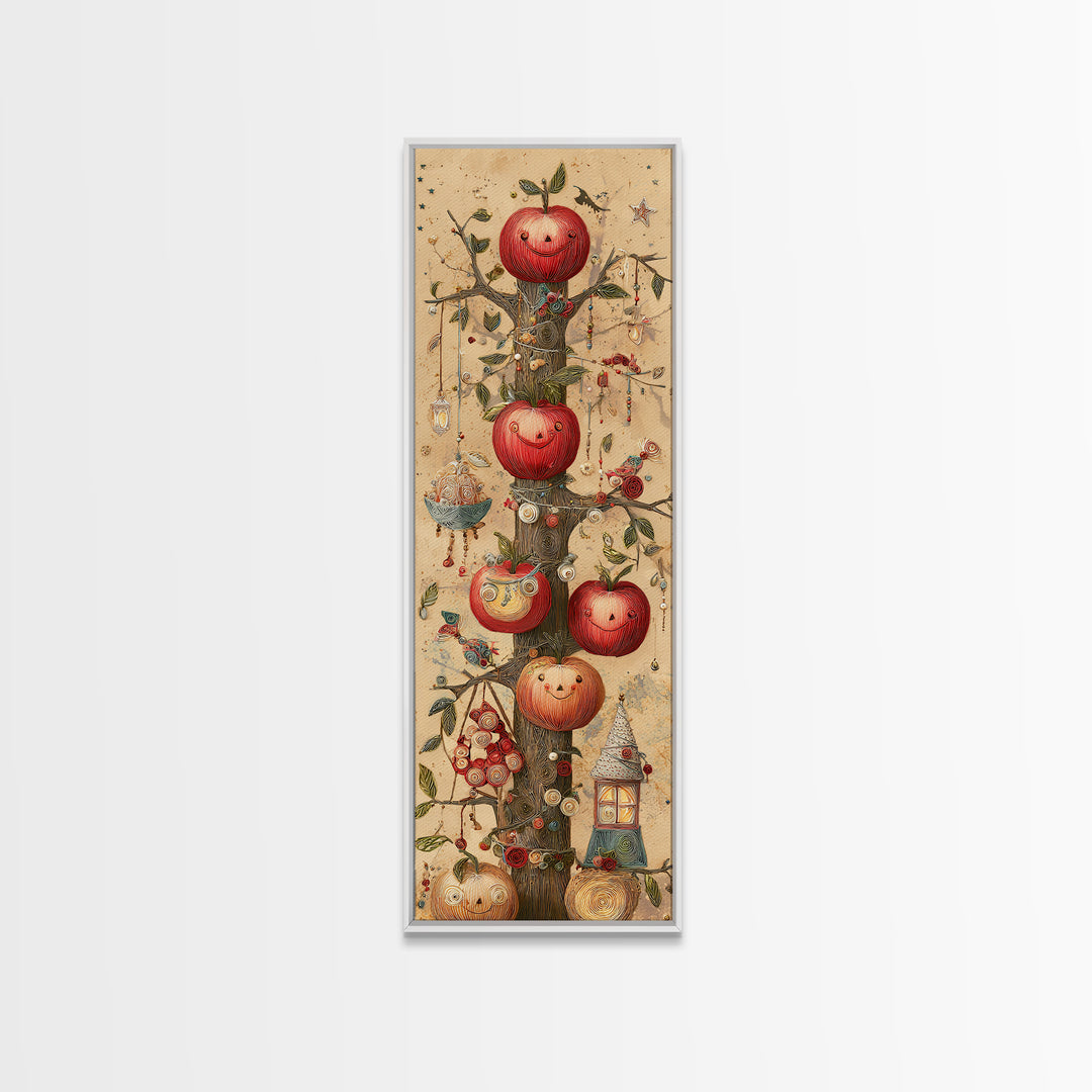 The Enchanted Apple Orchard, Quilled Halloween Art, Tall Narrow Wall Art, Framed Canvas Print, Cute Halloween Wall Art