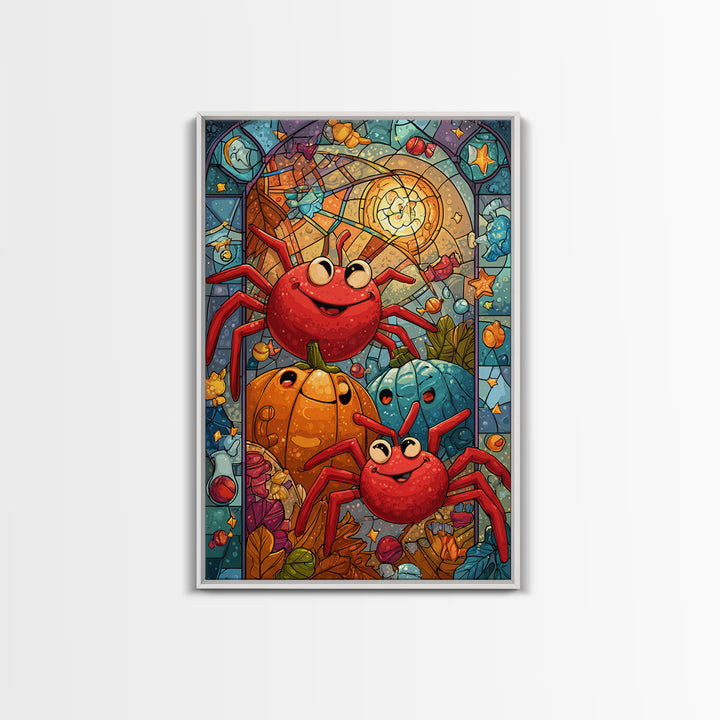 The Licorice Spider Family, Stained Glass Halloween, Vertical Wall Art, Canvas Print, Cute Halloween Wall Art