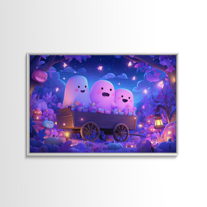 The Friendly Haunted Hayride, Vaporwave Halloween Art, Landscape Wall Art, Framed Canvas Print, Cute Halloween Wall Art