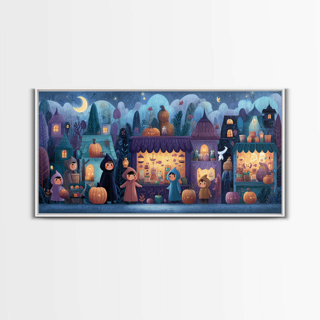 The Lantern Market Beyond The Veil, Vector Halloween Art, Wide Panoramic Art, Framed Canvas Print, Cute Halloween Wall Art