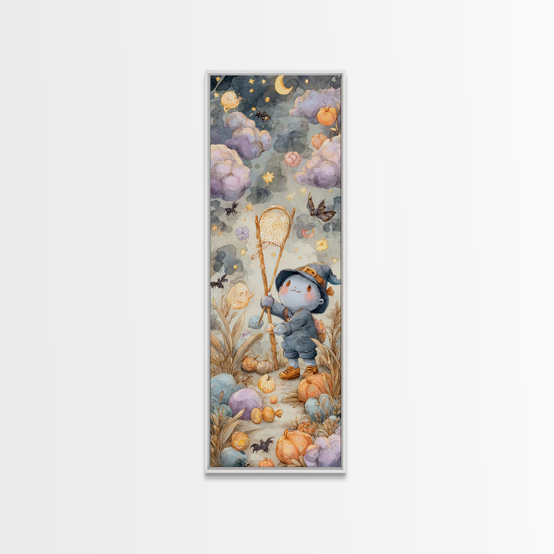 The Cloud-Catching Wizard, Watercolor Halloween Art, Tall Narrow Wall Art, Framed Canvas Print, Cute Halloween Wall Art