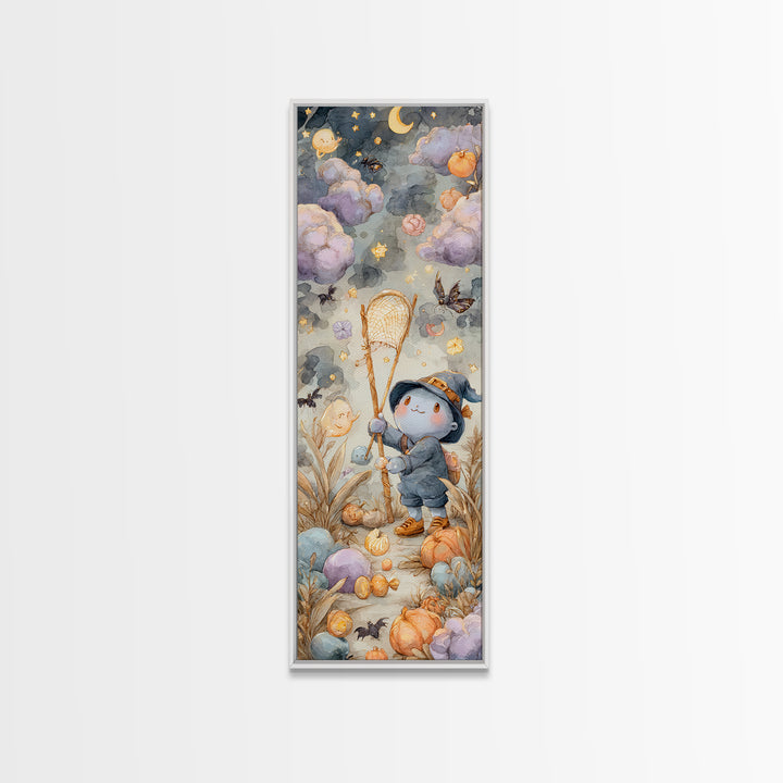 The Cloud-Catching Wizard, Watercolor Halloween Art, Tall Narrow Wall Art, Framed Canvas Print, Cute Halloween Wall Art