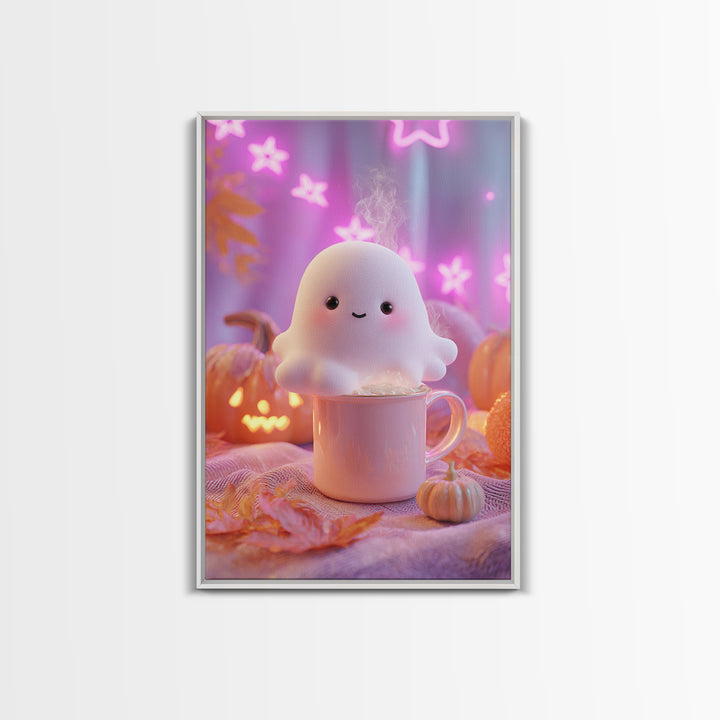 The Marshmallow Ghost, Vaporwave Halloween Decor, Vertical Wall Art, Framed Canvas Print, Retro Halloween Decor, Neon Wall Art