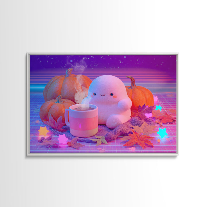 The Marshmallow Ghost, Cute Spooky Neon Art, Landscape Wall Art, Framed Canvas Print, Retro Halloween Decor, Neon Wall Art, Macabre Wall Art