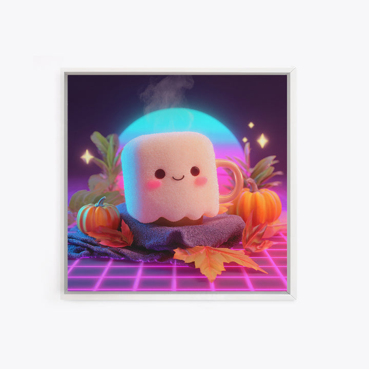 The Marshmallow Ghost, Vaporwave Halloween Decor, Square Wall Art, Framed Canvas Print, Retro Halloween Decor, Neon Wall Art