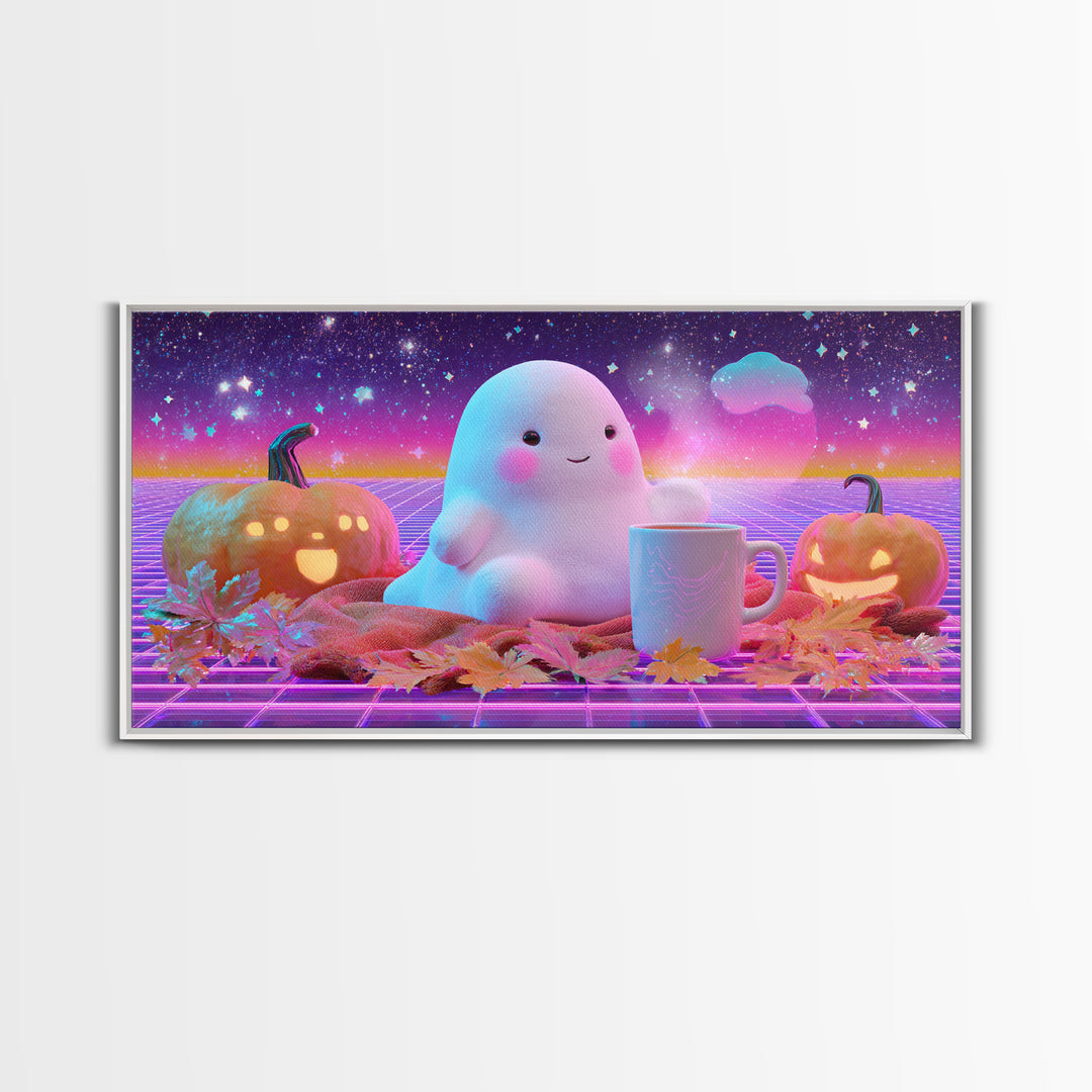 The Marshmallow Ghost, Cute Spooky Neon Art, Wide Panoramic Art, Canvas Print, Retro Halloween Decor, Neon Wall Art, Seasonal Home Decor