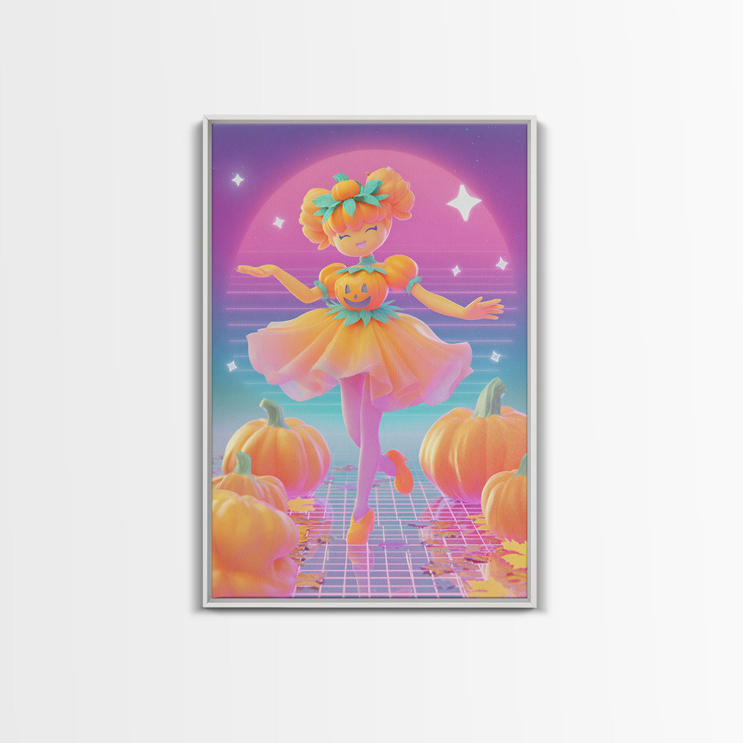 The Pumpkin Princess, Cute Spooky Neon Art, Vertical Wall Art, Framed Canvas Print, Retro Halloween Decor, Neon Wall Art, Dark Fantasy Art