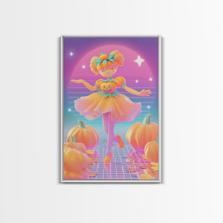The Pumpkin Princess, Cute Spooky Neon Art, Vertical Wall Art, Framed Canvas Print, Retro Halloween Decor, Neon Wall Art, Dark Fantasy Art