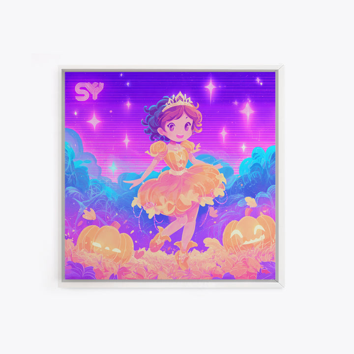 The Pumpkin Princess, Cute Spooky Neon Art, Square Wall Art, Canvas Print, Retro Halloween Decor, Neon Wall Art, Collectible Wall Decor