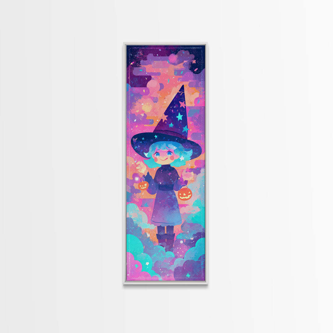The Little Star Witch, Vaporwave Halloween Decor, Tall Narrow Wall Art, Framed Canvas Print, Retro Halloween Decor, Neon Wall Art