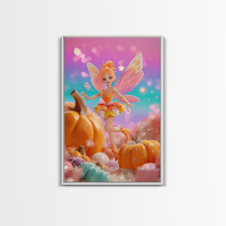 The Candy Corn Fairy, Retro Neon Halloween Art, Vertical Wall Art, Framed Canvas Print, Retro Halloween Decor, Neon Wall Art