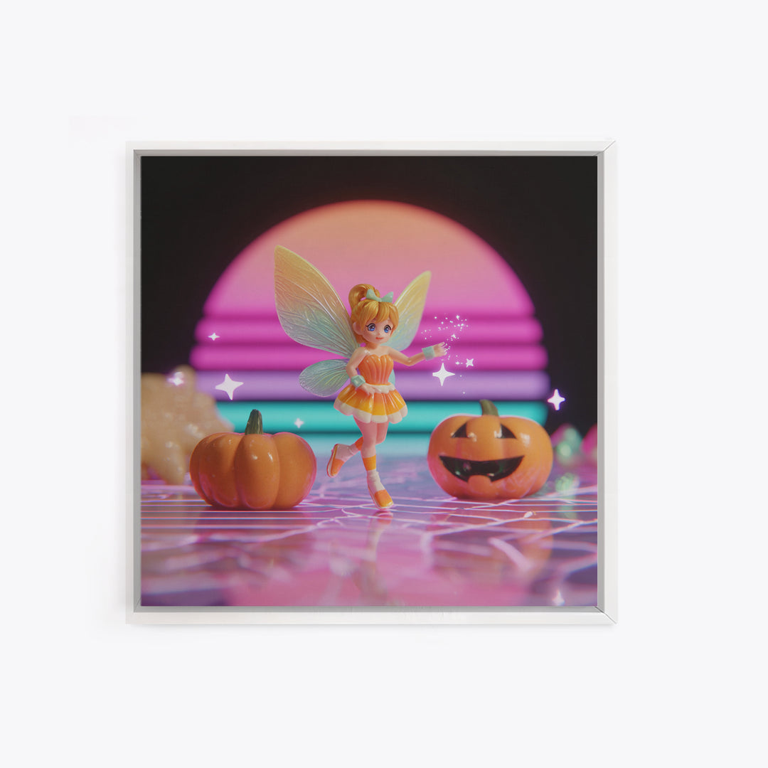 The Candy Corn Fairy, Vaporwave Halloween Decor, Square Wall Art, Canvas Print, Retro Halloween Decor, Neon Wall Art, Halloween Wall Art