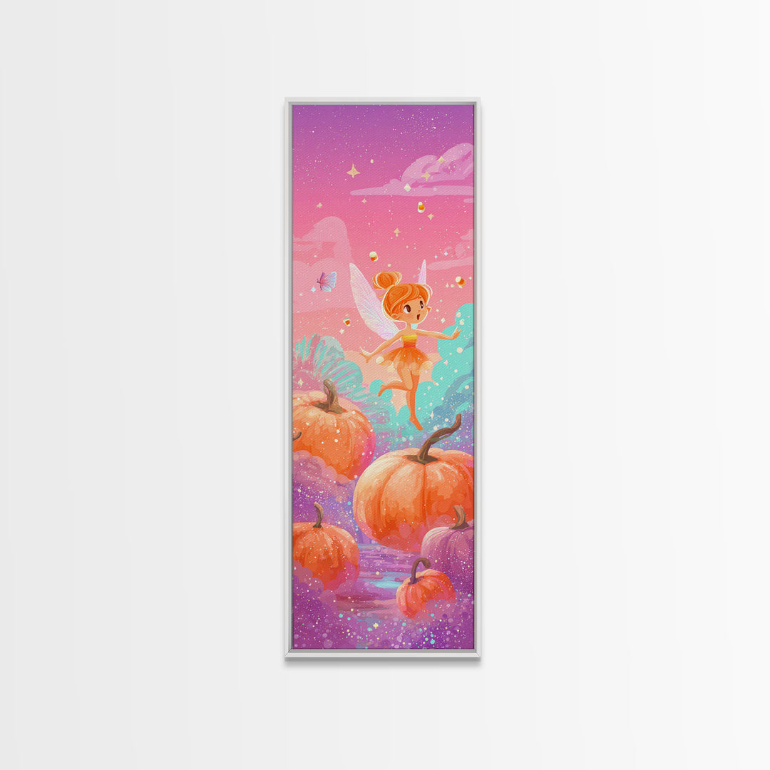 The Candy Corn Fairy, Cute Spooky Neon Art, Tall Narrow Wall Art, Canvas Print, Retro Halloween Decor, Neon Wall Art, Statement Wall Art