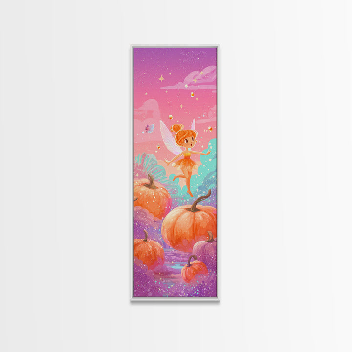 The Candy Corn Fairy, Cute Spooky Neon Art, Tall Narrow Wall Art, Canvas Print, Retro Halloween Decor, Neon Wall Art, Statement Wall Art