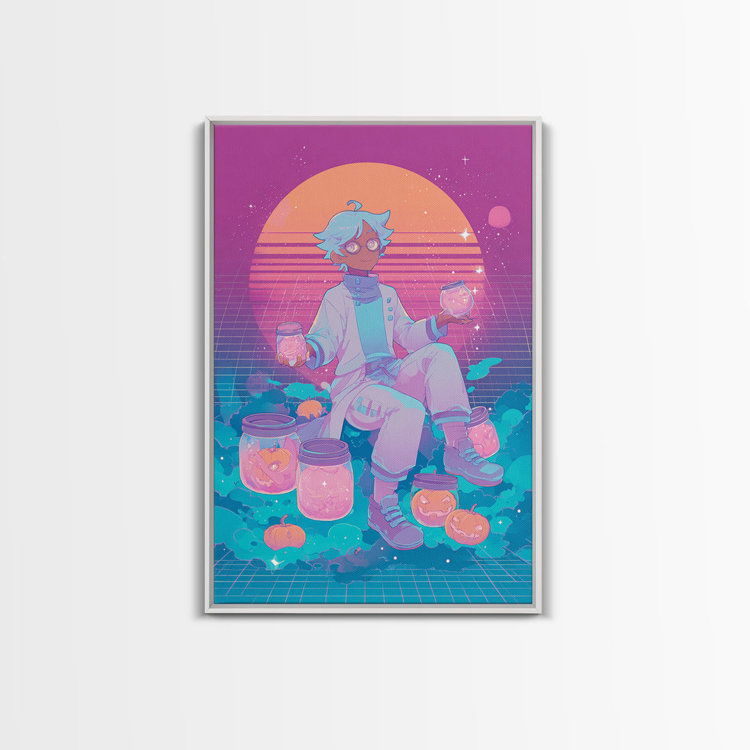 The Moonbeam Wizard, Vaporwave Halloween Decor, Vertical Wall Art, Framed Canvas Print, Retro Halloween Decor, Neon Wall Art