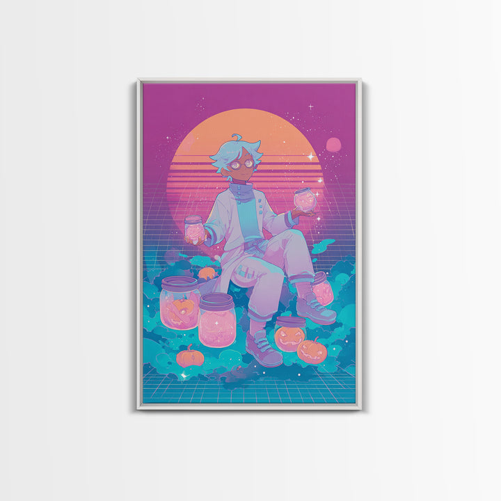 The Moonbeam Wizard, Vaporwave Halloween Decor, Vertical Wall Art, Framed Canvas Print, Retro Halloween Decor, Neon Wall Art