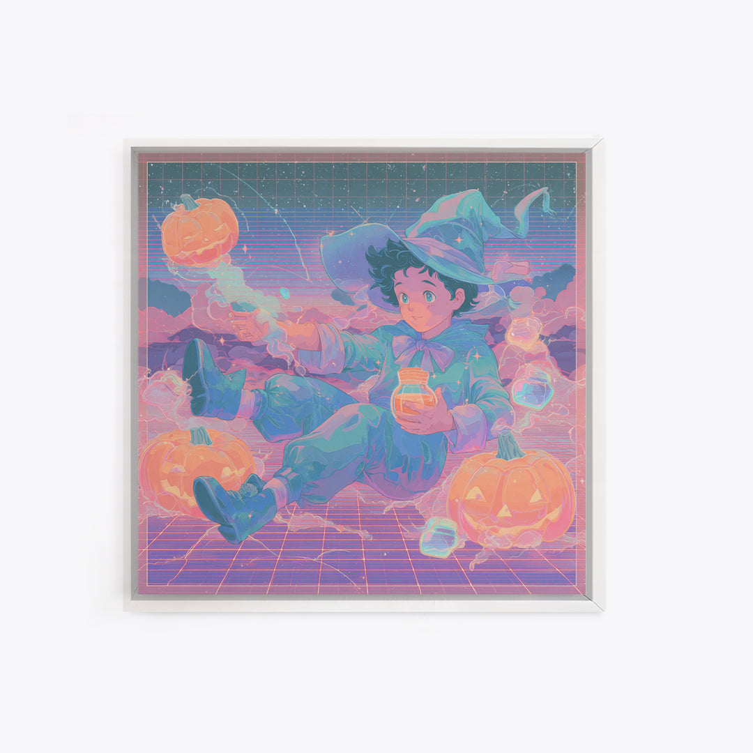 The Moonbeam Wizard, 80s Halloween Wall Art, Square Wall Art, Canvas Print, Retro Halloween Decor, Neon Wall Art, Collectible Wall Decor