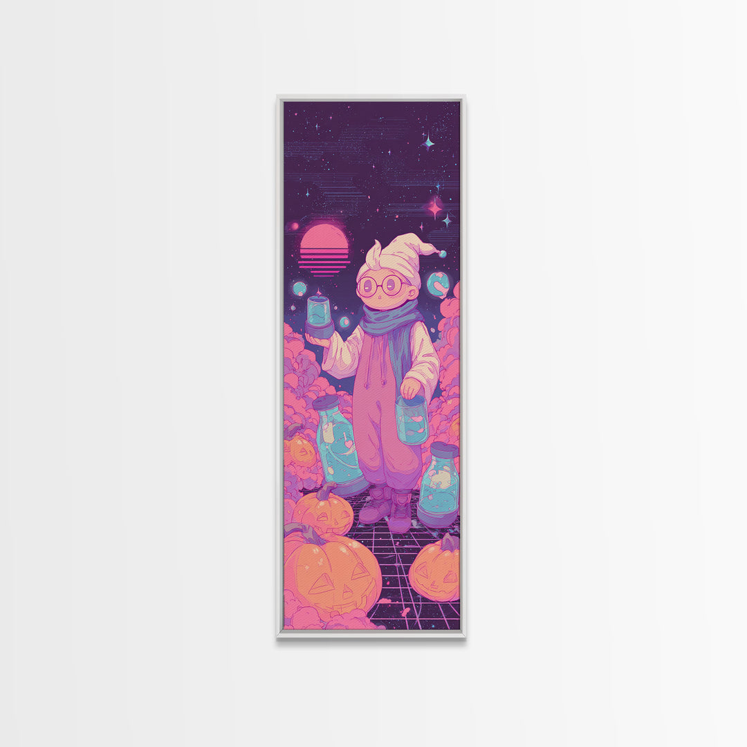 The Moonbeam Wizard, Retro Neon Halloween Art, Tall Narrow Wall Art, Framed Canvas Print, Retro Halloween Decor, Neon Wall Art