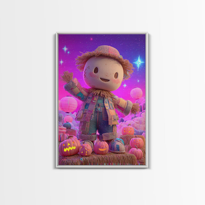 The Button-Nosed Scarecrow, Retro Neon Halloween Art, Vertical Wall Art, Framed Canvas Print, Retro Halloween Decor, Neon Wall Art