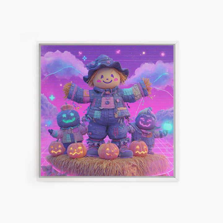 The Button-Nosed Scarecrow, Vaporwave Halloween Decor, Square Wall Art, Canvas Print, Retro Halloween Decor, Neon Wall Art, Macabre Wall Art