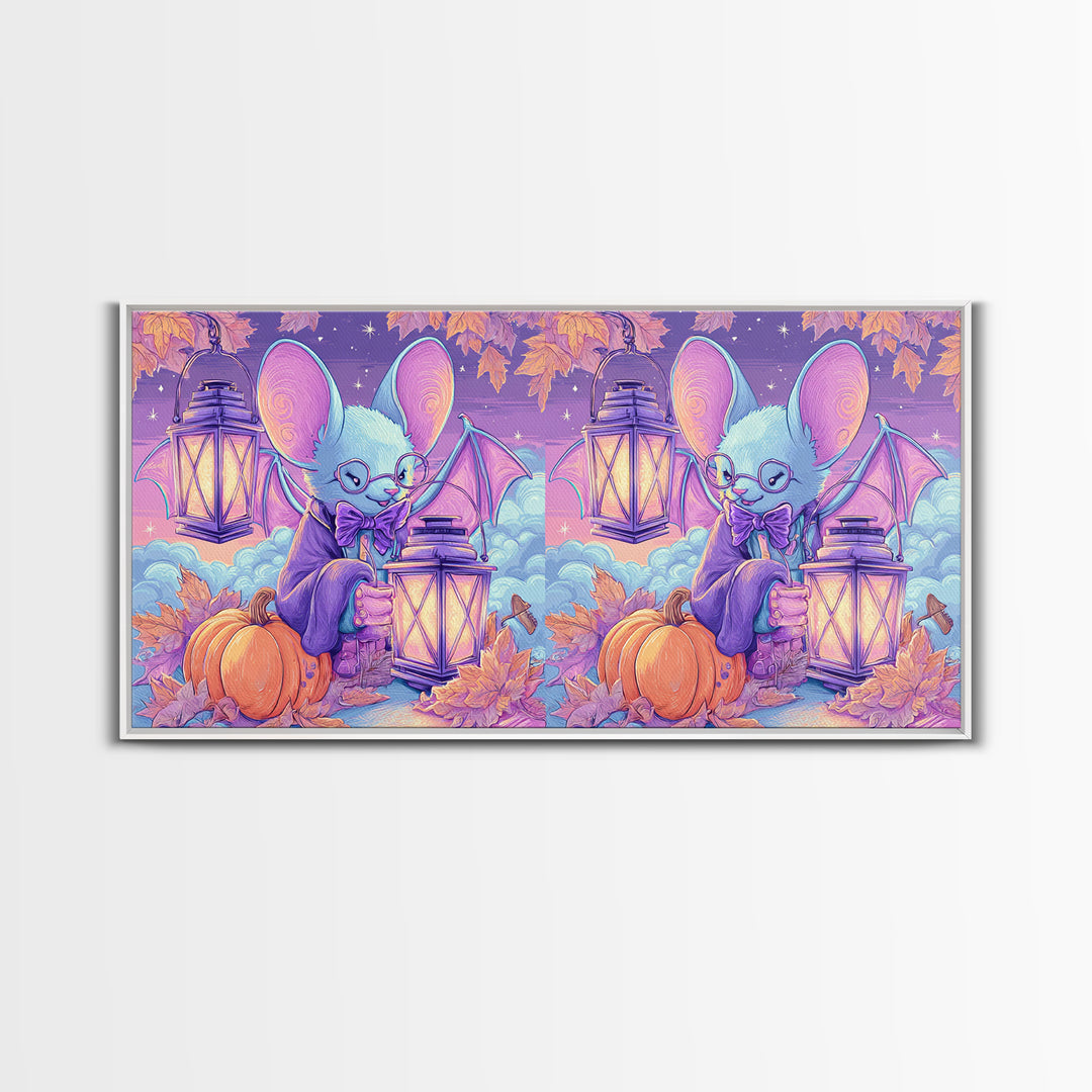 The Bow-Tie Bat, Vaporwave Halloween Decor, Wide Panoramic Art, Framed Canvas Print, Retro Halloween Decor, Neon Wall Art