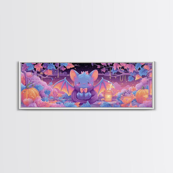 The Bow-Tie Bat, Cute Spooky Neon Art, Extra Wide Wall Art, Canvas Print, Retro Halloween Decor, Neon Wall Art, Dark Fantasy Art