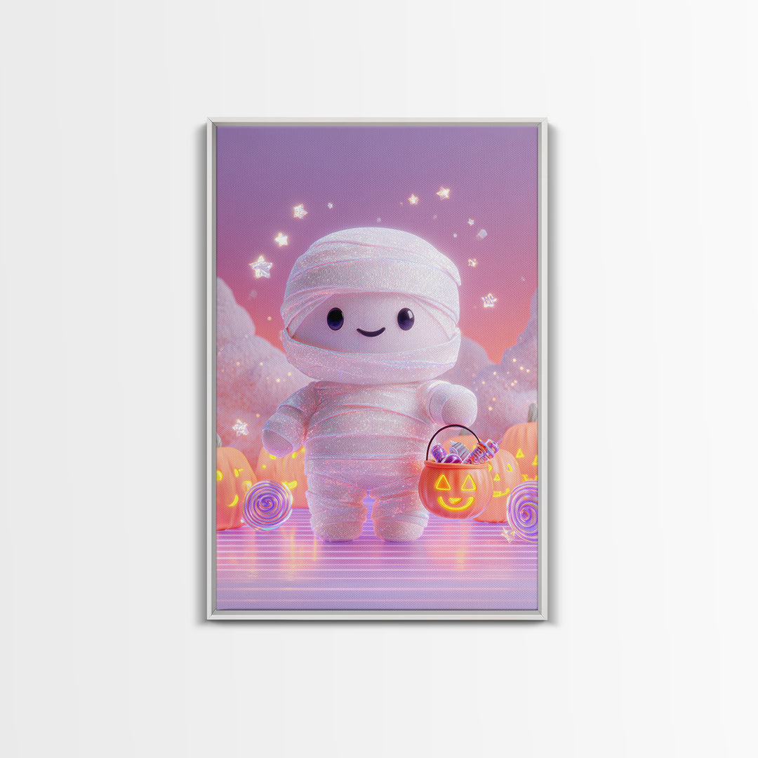 The Shy Little Mummy, Cute Spooky Neon Art, Vertical Wall Art, Framed Canvas Print, Retro Halloween Decor, Neon Wall Art