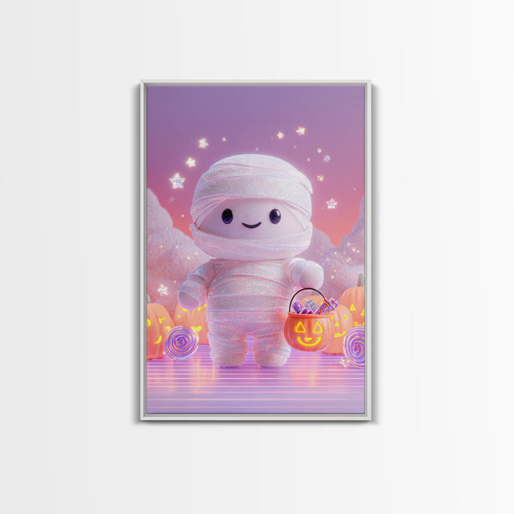 The Shy Little Mummy, Cute Spooky Neon Art, Vertical Wall Art, Framed Canvas Print, Retro Halloween Decor, Neon Wall Art