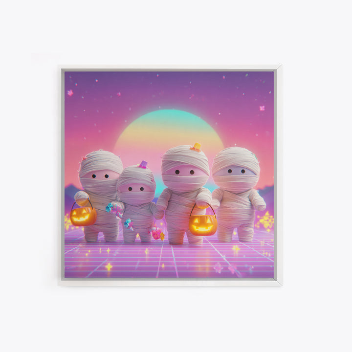 The Shy Little Mummy, Retro Neon Halloween Art, Square Wall Art, Canvas Print, Retro Halloween Decor, Neon Wall Art, Seasonal Home Decor