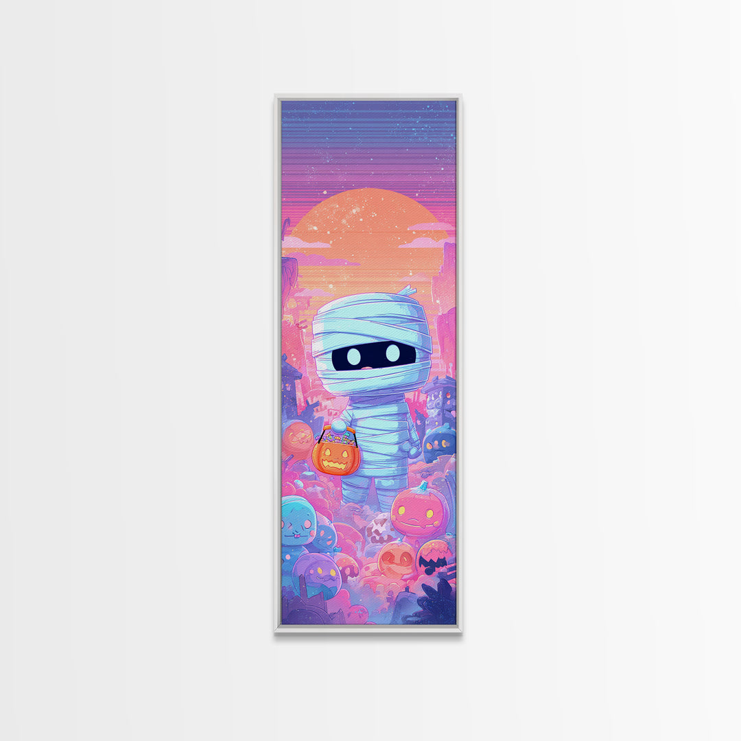 The Shy Little Mummy, Synthwave Halloween Art, Tall Narrow Wall Art, Canvas Print, Retro Halloween Decor, Neon Wall Art