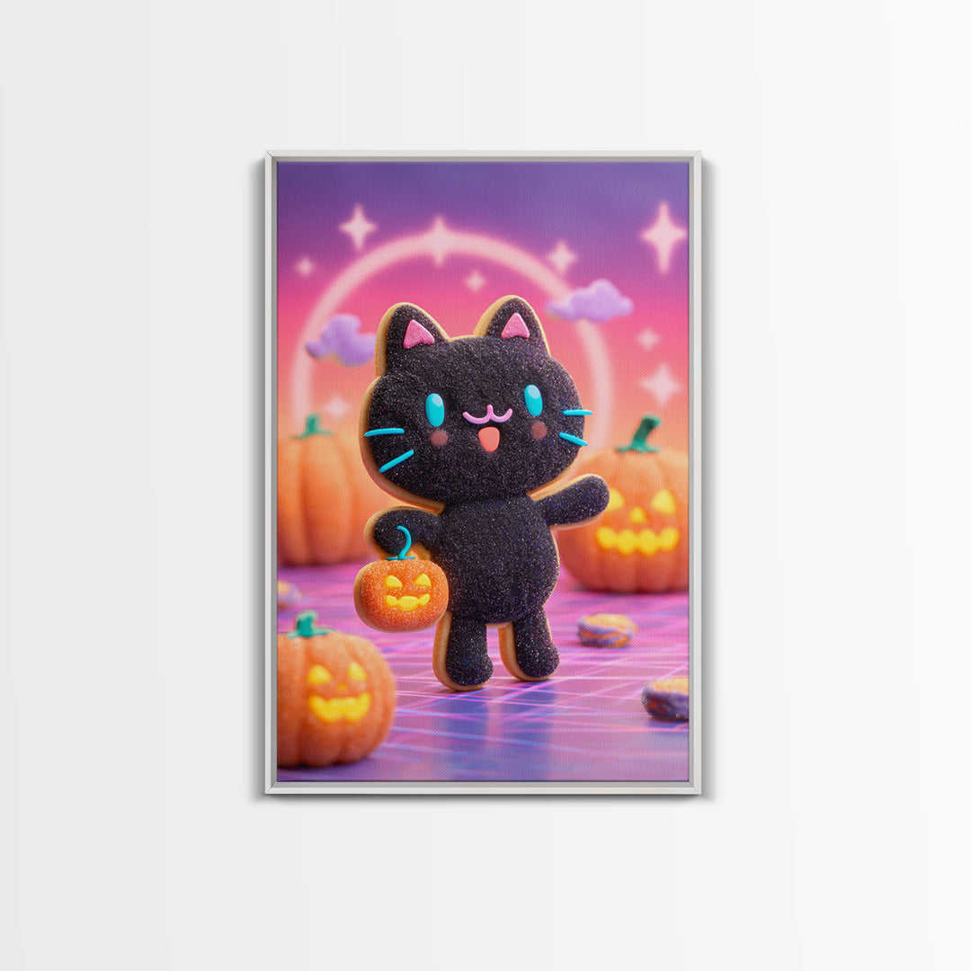 The Black Cat Baker, Cute Spooky Neon Art, Vertical Wall Art, Canvas Print, Retro Halloween Decor, Neon Wall Art, Horror Wall Art