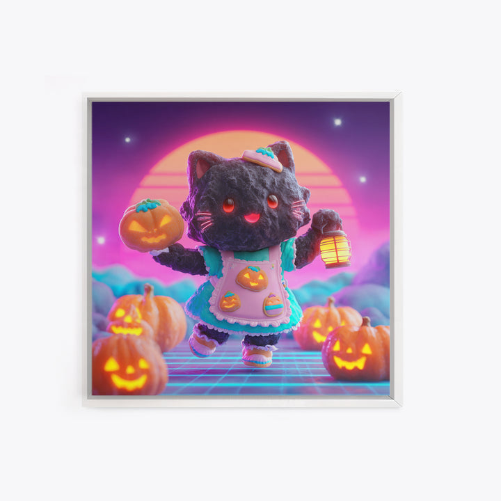 The Black Cat Baker, Vaporwave Halloween Decor, Square Wall Art, Framed Canvas Print, Retro Halloween Decor, Neon Wall Art, Horror Wall Art