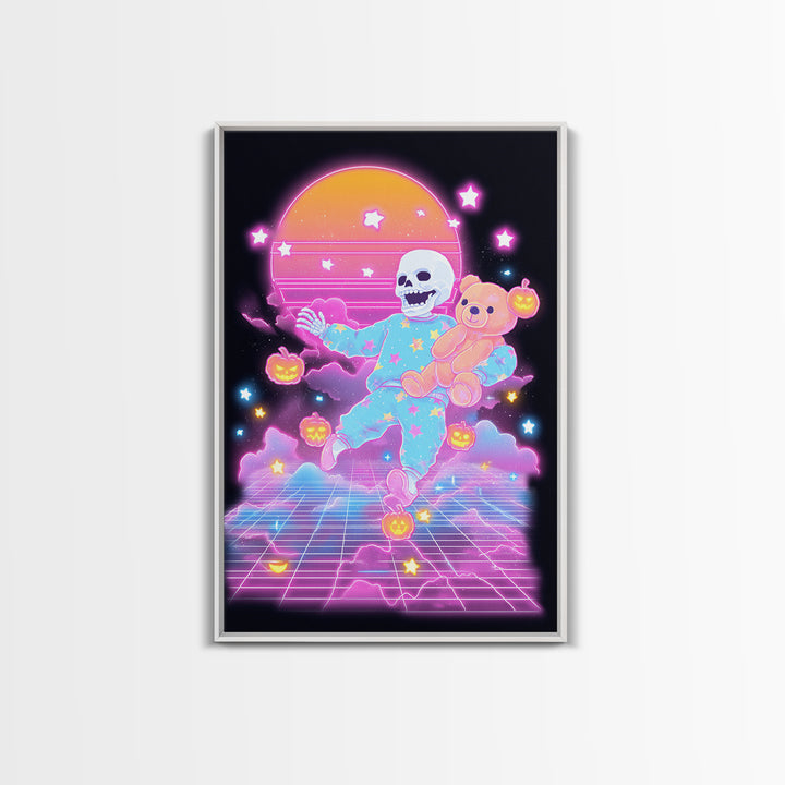 The Pajama Skeleton, Synthwave Halloween Art, Vertical Wall Art, Framed Canvas Print, Retro Halloween Decor, Neon Wall Art